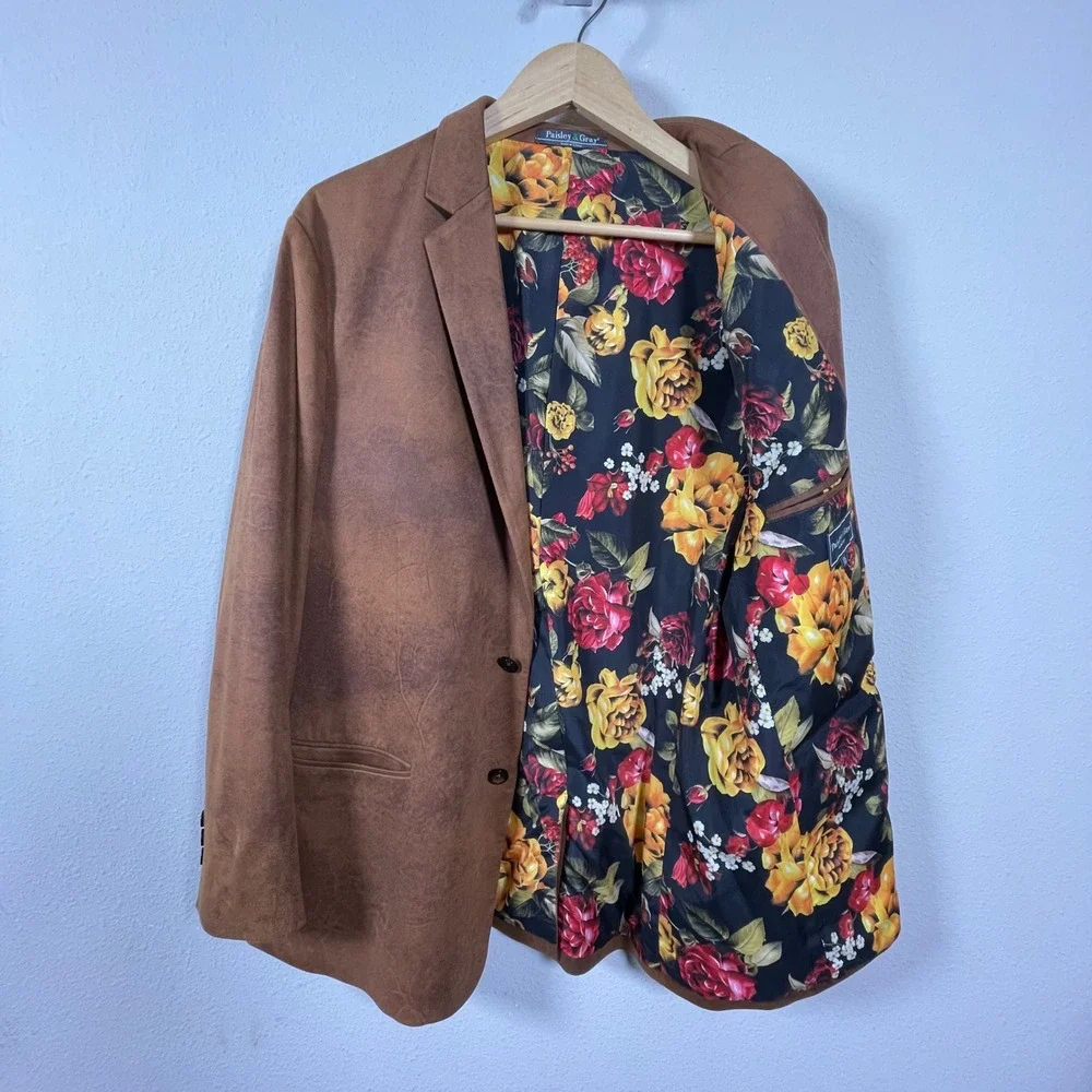 Paisley & Gray Mens XXL Brown Faux Suede Slim Fit Blazer Floral Lining Excellent